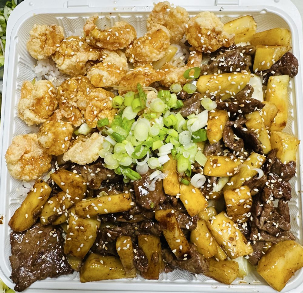 Teriyaki mix and match with beef, shrimp and pineapple